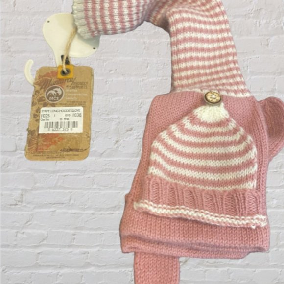 MANTARAY -- Mitten/Gloves, Pink & White Stripe Elbow Length "Hoodie" Gloves, NWT - Picture 2 of 11